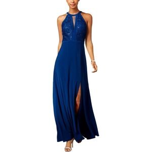 NW Nightway Halter‎ Maxi Dress Sequin Lace Slit Formal Blue Size 10P